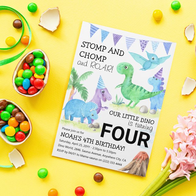 Cute Dinosaur Stomp, Chomp & Roar 4th Birthday Invitation (Creator Uploaded)