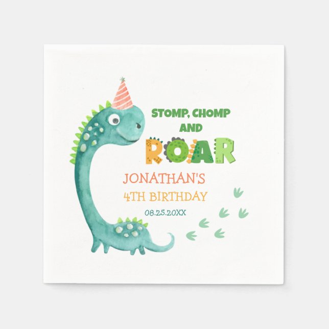 Cute Dinosaur Stomp Chomp Roar Birthday Napkins (Front)