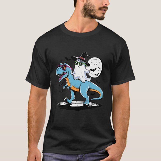 Cute Dinosaur T rex and Ghost for Halloween T-Shirt (Front)