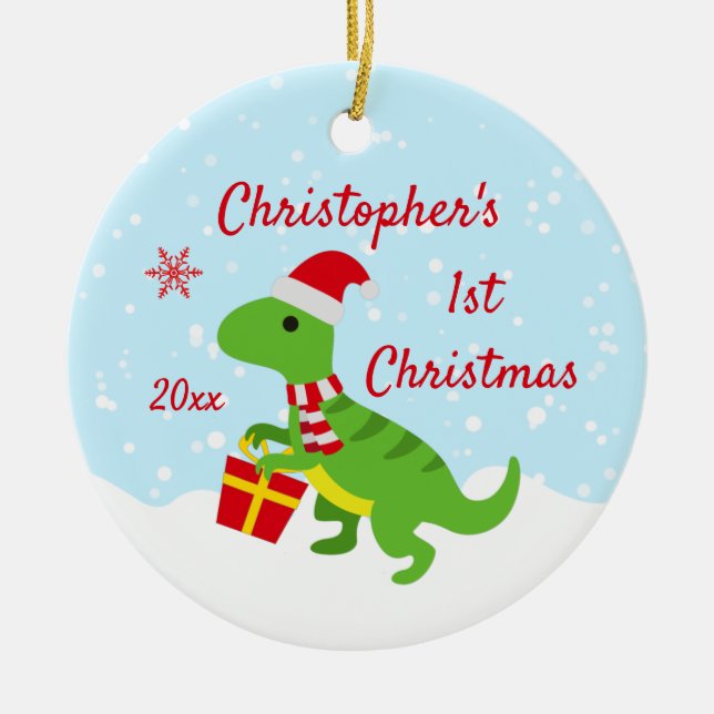 Cute Dinosaur T-Rex Baby's First Christmas Ceramic Ornament (Front)