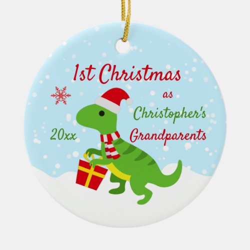 Cute Dinosaur T_Rex Grandparents First Christmas Ceramic Ornament