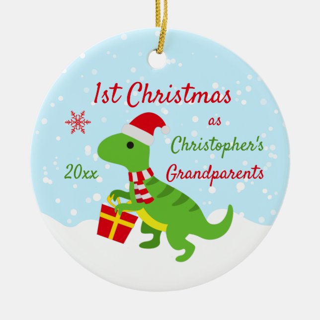 Cute Dinosaur T-Rex Grandparents First Christmas Ceramic Ornament (Front)