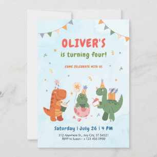 cute dinosaur t-rex kids 4th Birthday Invitation