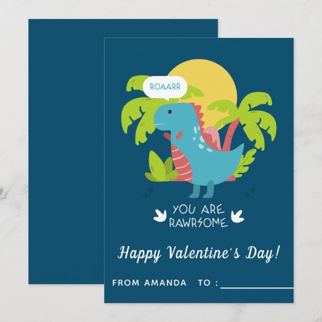 Cute Dinosaur T-Rex Kids Classroom Valentine's Day Holiday Card (Front/Back)