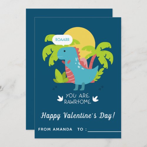 Cute Dinosaur T_Rex Kids Classroom Valentines Day Holiday Card