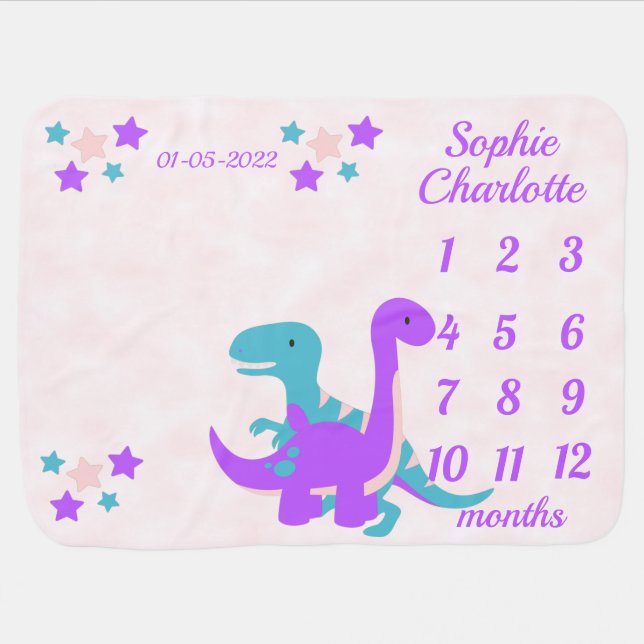 Cute Dinosaur T-rex Purple Milestone Baby Blanket (Horizontal)
