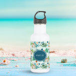 Cute Dinosaur T Rex Triceratops Kids  Stainless Steel Water Bottle<br><div class="desc">Cool,  personalized dinosaur water bottle features a pattern of cute Tyrannosaurus (T rex),  Triceratops,  tropical monstera leaves,  palm trees,  volcano,  bones,  and "Roar!" text on a light blue background. Perfect for dino loving kids,  back to school,  sports and summer fun. Original artwork KL Stock</div>