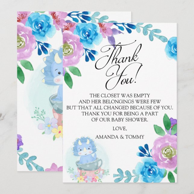 Cute Dinosaur Teacup Baby Shower Thank You Card (Front/Back)