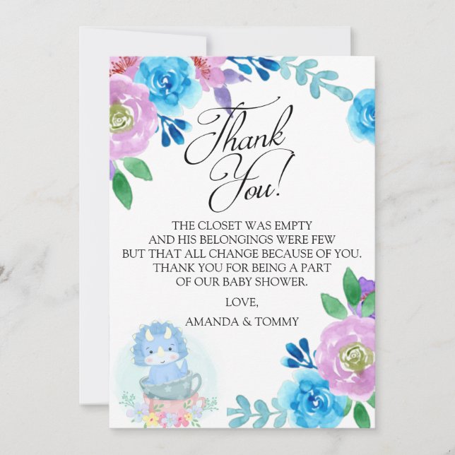 Cute Dinosaur Teacup Baby Shower Thank You Card (Front)