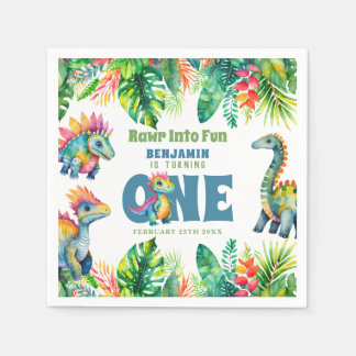 Cute Dinosaur Theme 1st Birthday Boy Watercolor Napkins