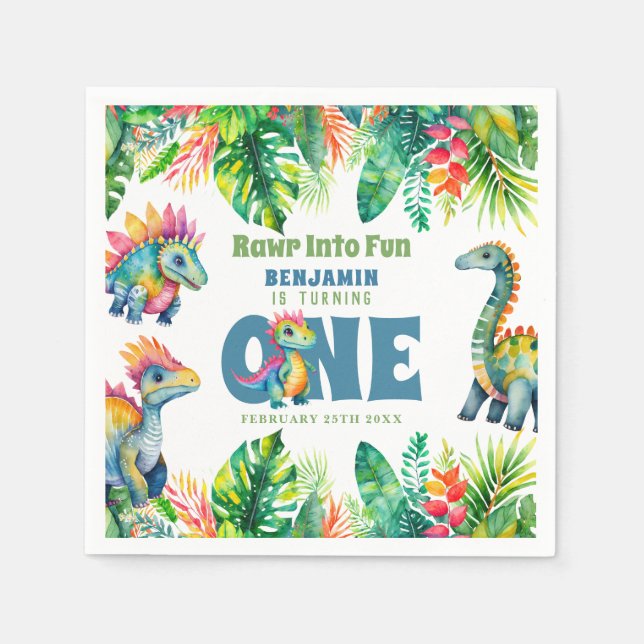 Cute Dinosaur Theme 1st Birthday Boy Watercolor Napkins (Front)