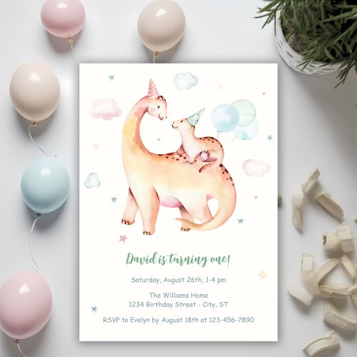Cute Dinosaur Theme 1st Birthday Invitation
