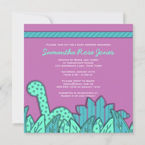 Cute Dinosaur Theme Baby Shower - Purple Turquoise Personalized Announcement