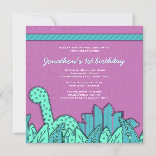 Cute Dinosaur Theme Birthday Party - Turquoise Personalized Announcements