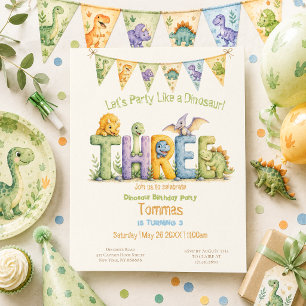 Cute Dinosaur Themed 3 Birthday Party Invitation