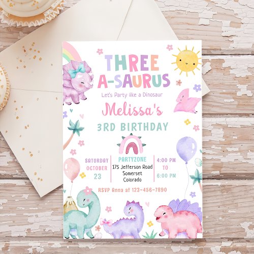 Cute Dinosaur Three_A_Saurus 3rd Birthday Party Invitation