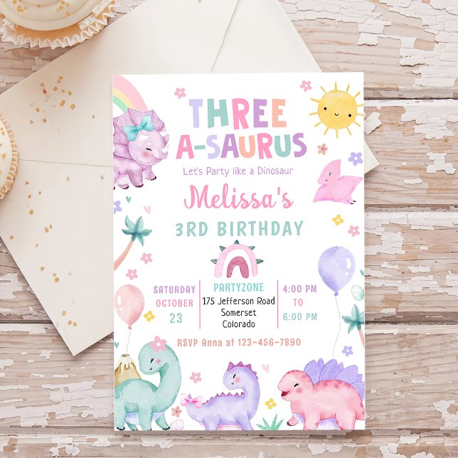 Cute Dinosaur Three-A-Saurus 3rd Birthday Party Invitation (Creator Uploaded)