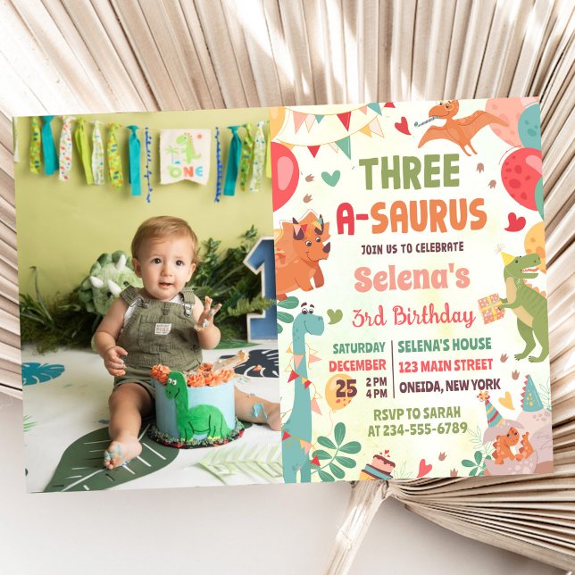 Cute Dinosaur Three-A-Saurus 3rd Birthday Photo Invitation (Creator Uploaded)