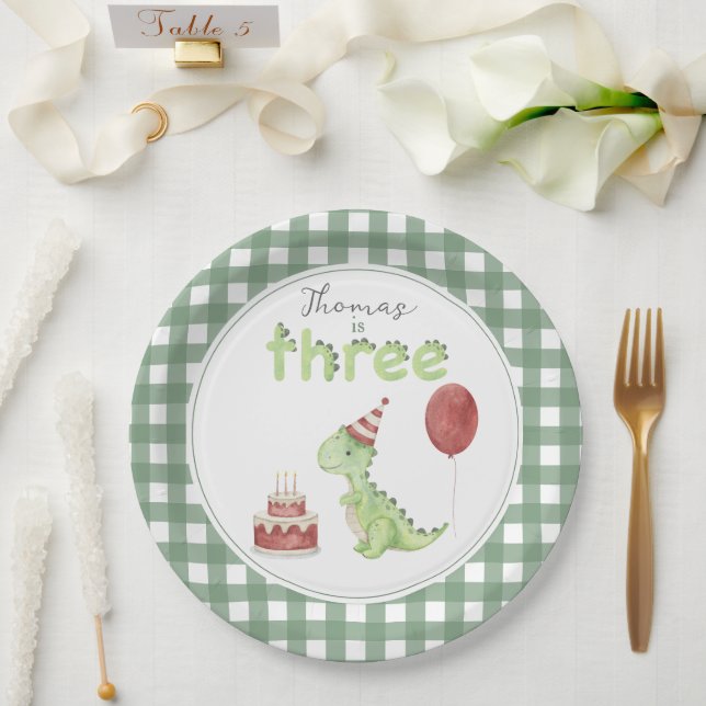 Cute Dinosaur Three-rex Birthday Paper Plates (Wedding)