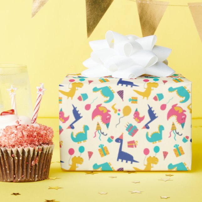 Cute Dinosaur Three-Rex Kids Birthday Pattern Wrapping Paper (Birthday Party)