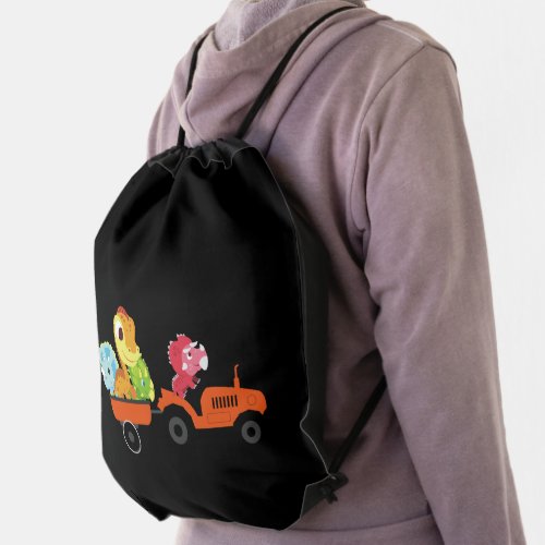 Cute dinosaur tractor boy Back To School Birthday Drawstring Bag
