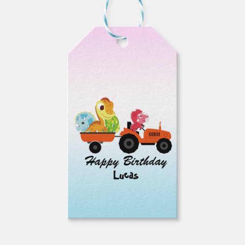 Cute dinosaur tractor boy Back To School Birthday Gift Tags