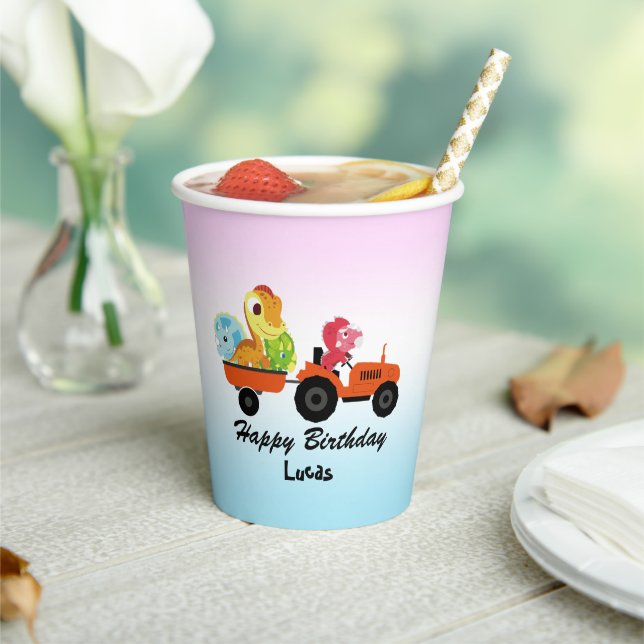 Cute dinosaur tractor boy Back To School Birthday Paper Cups (Insitu)