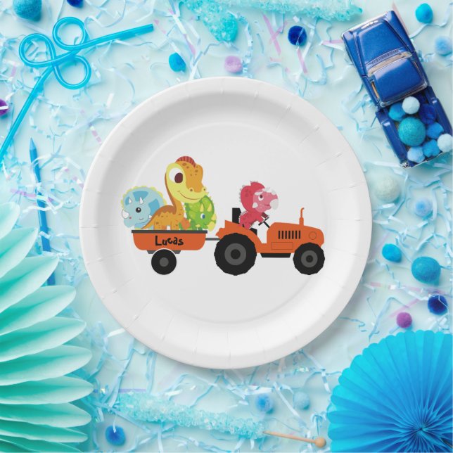 Cute dinosaur tractor boy Back To School Birthday Paper Plates (Party)