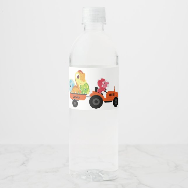 Cute dinosaur tractor boy Back To School Birthday Water Bottle Label (Front)