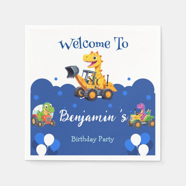 Cute dinosaur tractor dig truck balloon Birthday  Napkins (Front)