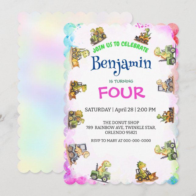 Cute dinosaur tractor Rainbow B2S School Birthday  (Front/Back)