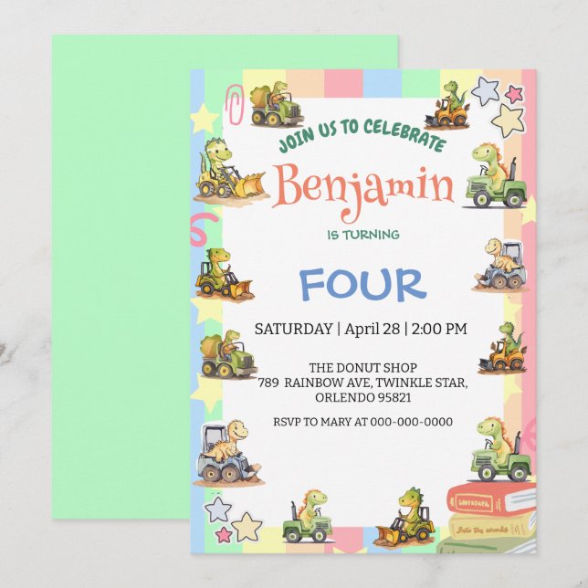 Cute dinosaur tractor Rainbow B2S School Birthday  Invitation (Front/Back)