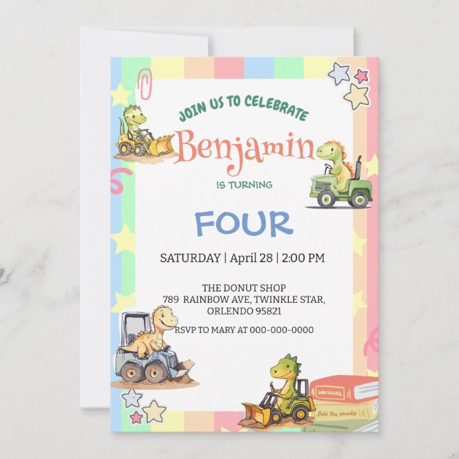 Cute dinosaur tractor Rainbow B2S School Birthday  Invitation (Front)