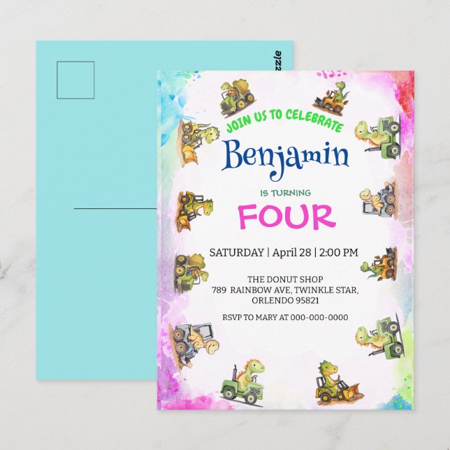 Cute dinosaur tractor Rainbow B2S School Birthday  Postcard (Front/Back)