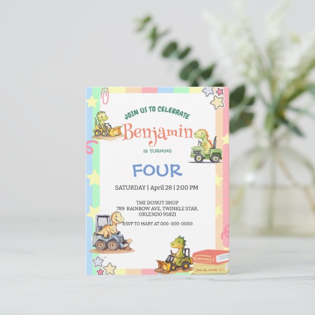 Cute dinosaur tractor Rainbow B2S School Birthday  Postcard (Standing Front)