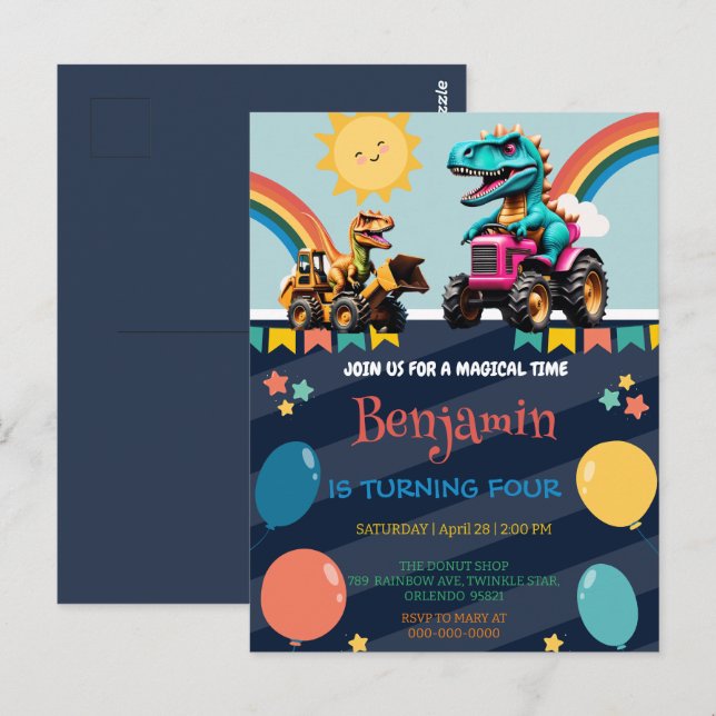 Cute dinosaur tractor Rainbow balloon Birthday Boy Postcard (Front/Back)