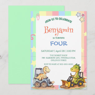 Cute dinosaur tractor Rainbow balloon Birthday Invitation