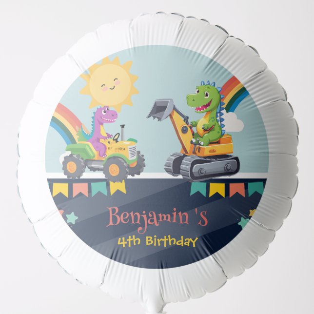 Cute dinosaur tractor truck Rainbow balloon HBD (Front)
