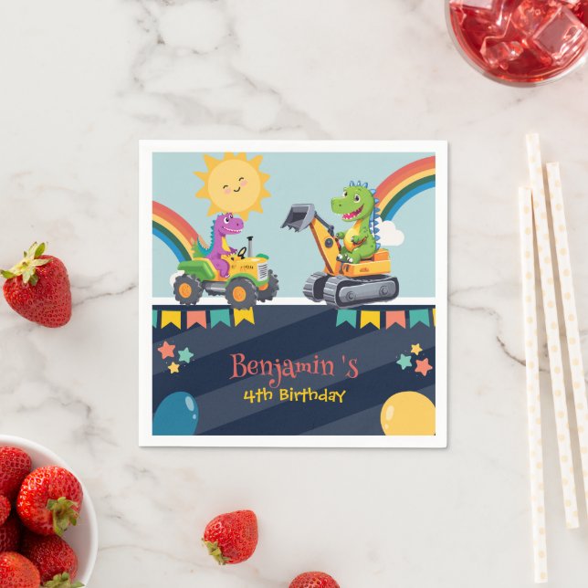 Cute dinosaur tractor truck Rainbow balloon HBD Napkins (Insitu)