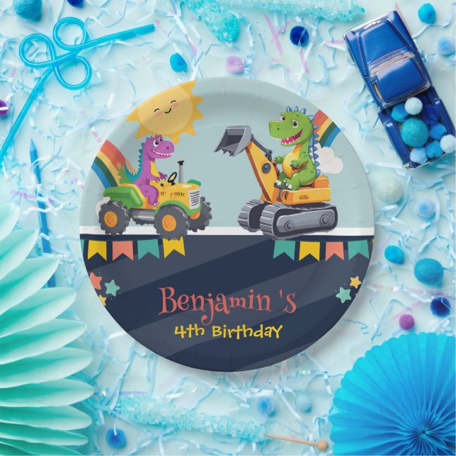 Cute dinosaur tractor truck Rainbow balloon HBD Paper Plates (Party)