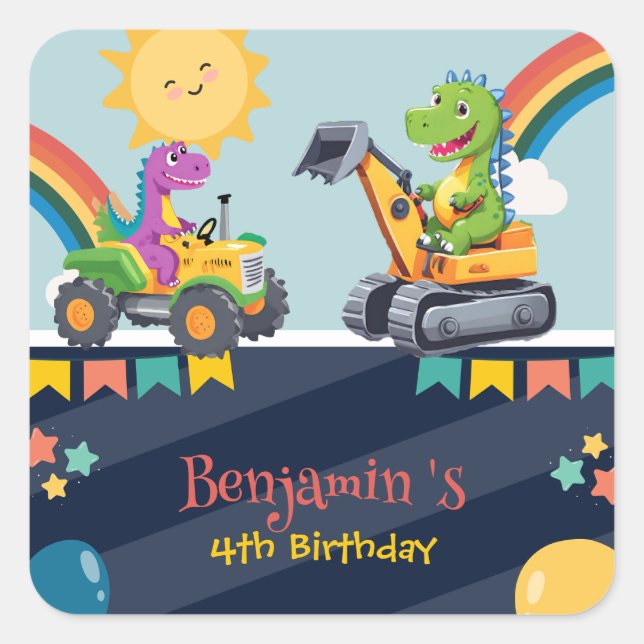 Cute dinosaur tractor truck Rainbow balloon HBD Square Sticker (Front)