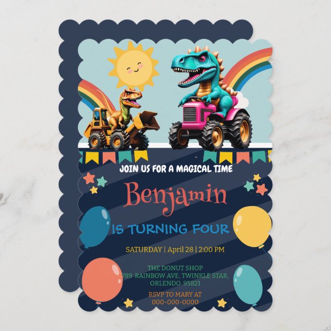 Cute dinosaur tractor truck rainbow Birthday boy Save The Date (Front/Back)