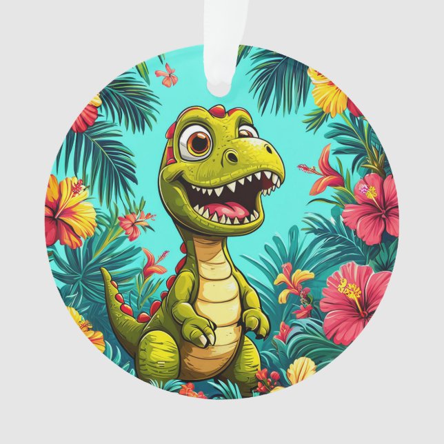 🦖 Cute Dinosaur Tropical Flower Holiday Ornament  (Front)