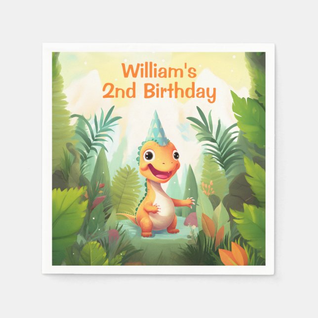 Cute Dinosaur Tropical Forest | Dino Kids Birthday Napkins (Front)