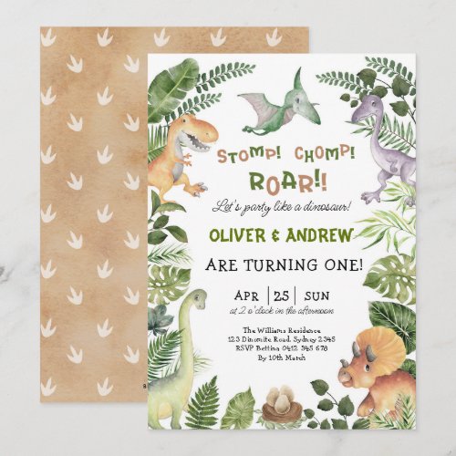 Cute Dinosaur Twin Boys Birthday Jurassic Party