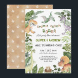 Cute Dinosaur Twin Boys Birthday Jurassic Party Invitation<br><div class="desc">Stomp,  Chomp,  Roar!! Let's Party Like a Dinosaur! Personalize the invite with your details and if you want to further re-arrange the style and placement of the text,  please press the "Click to customize further" button.</div>