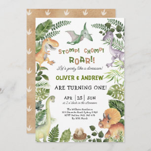Cute Dinosaur Twin Boys Birthday Jurassic Party Invitation