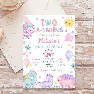 Cute Dinosaur Two-A-Saurus 2nd Birthday Party Invitation