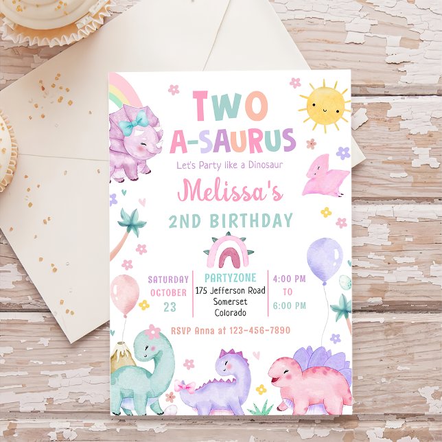 Cute Dinosaur Two-A-Saurus 2nd Birthday Party Invitation (Creator Uploaded)