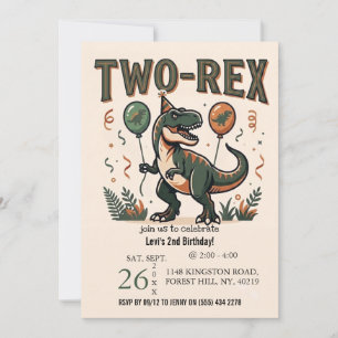 Cute Dinosaur Two-Rex 2nd Birthday Invitation